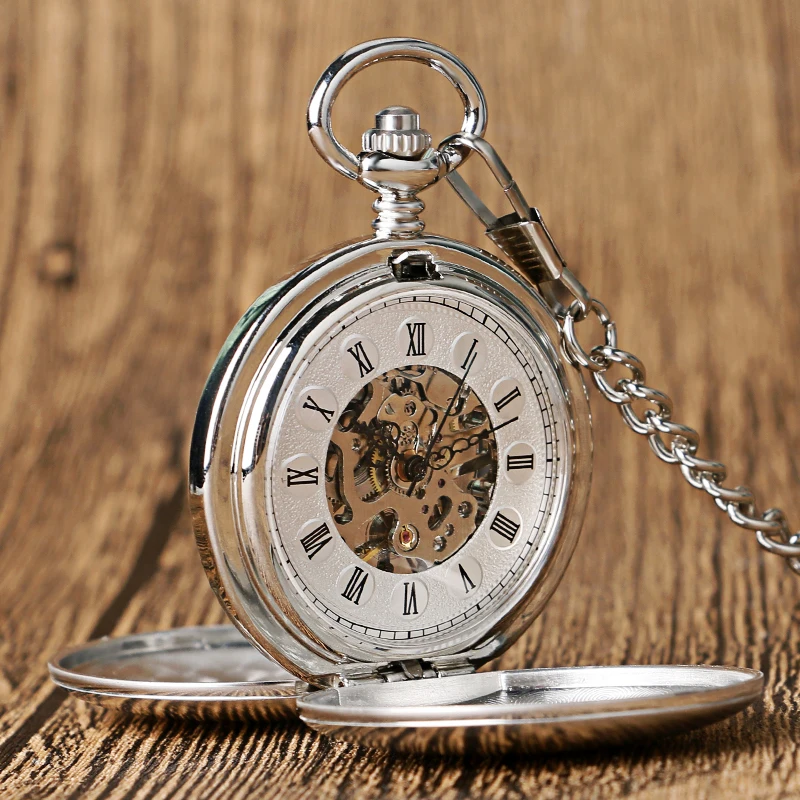 Unique Silver Smooth Double Cover Mechanical Pocket Watch Men's Creative Hollow Skeleton Clock Hand Winding Roman Numerals Watch 2017 2018 Gifts (3)