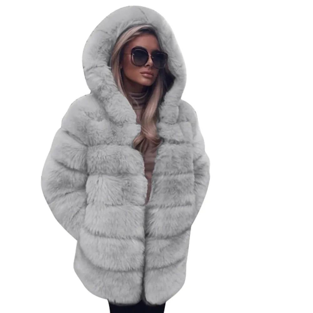 

Women Coat Fashion Luxury Faux Fur Coat Hooded Autumn Winter Warm Overcoat Jacket Coats Women