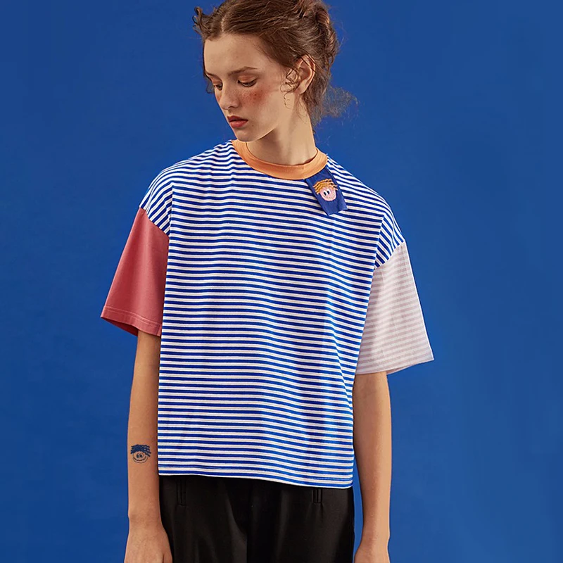 

Harajuku Playful Summer New Women T-shirt Original T Shirts Blue Short-sleeved Striped Tee Tops Stitching Loose Female Cotton