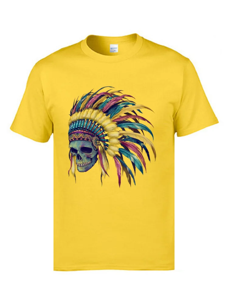 Native Skull Headdress Graphic Mens T-Shirt Round Neck Short Sleeve Cotton Fabric Tops Shirt Fashionable Tops Shirt Native Skull Headdress yellow
