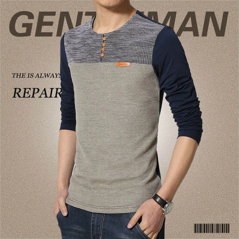 Хит новая весенняя модель- приталенная повседневная мужская футболка с отложным воротником и длинным рукавом, хлопок - Цвет: Navy