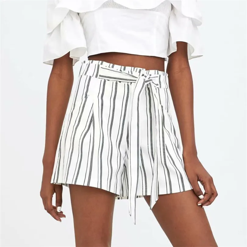 

Women style solid black white shorts sashes elastic waist pockets female casual striped shorts panalones
