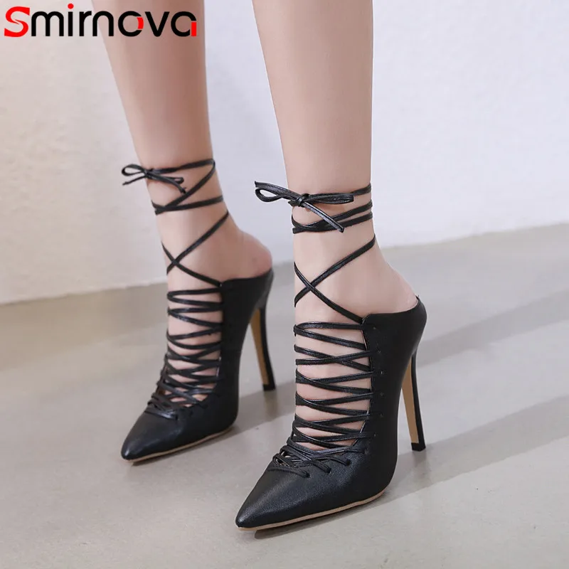 

Smirnova 2019 summer new shoes woman pointed toe shallow cross tied super high heels shoes elegant ladies prom wedding shoes
