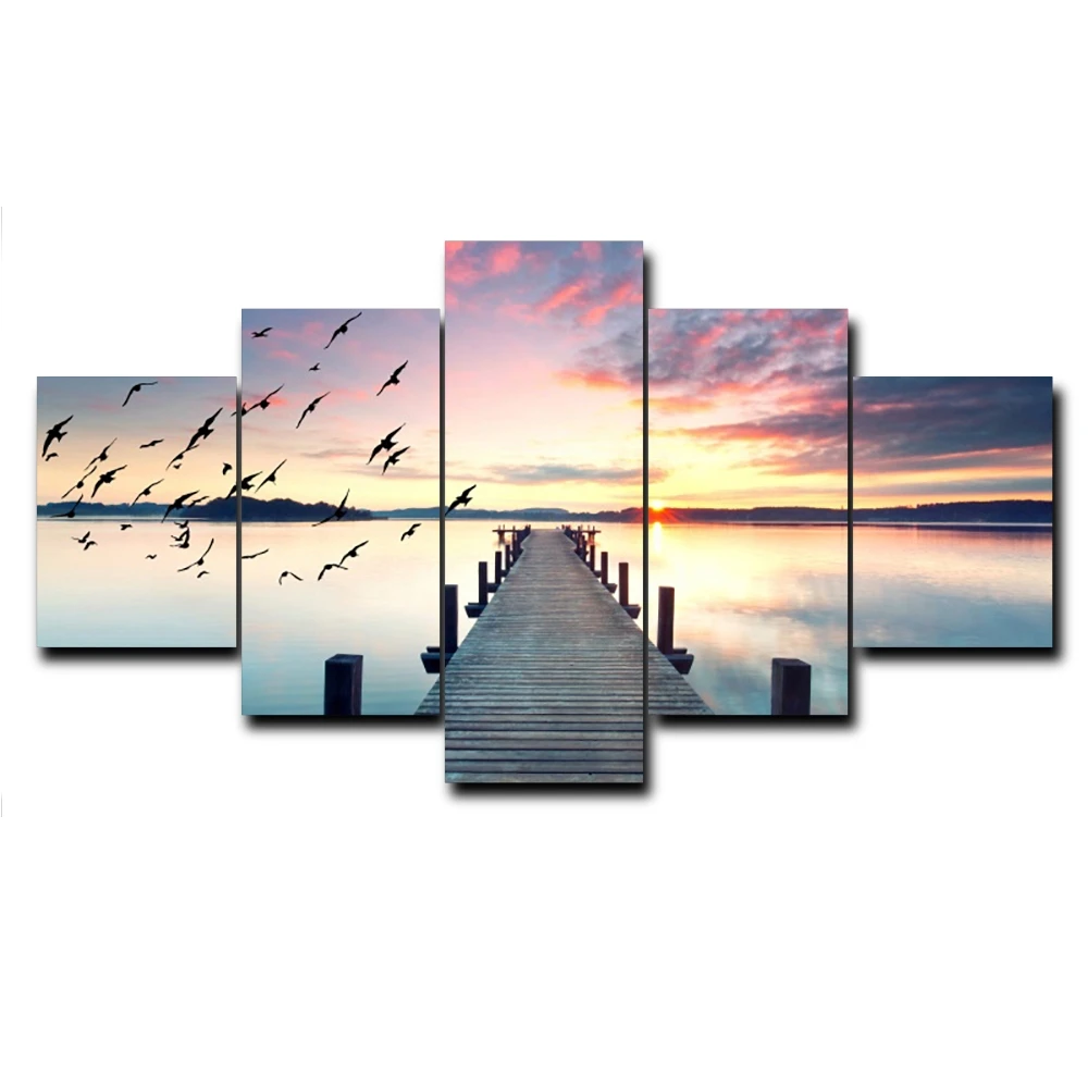 

Vintage 5 Panel Sea Sunshine Outside Posters and Prints HD Canvas Painting for Living Room Home Decoration Photo Album No Frame
