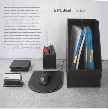 

5PCS /set wood leather office desk file stationery accessories & organizer pen holder namecard stand note case black TZ003