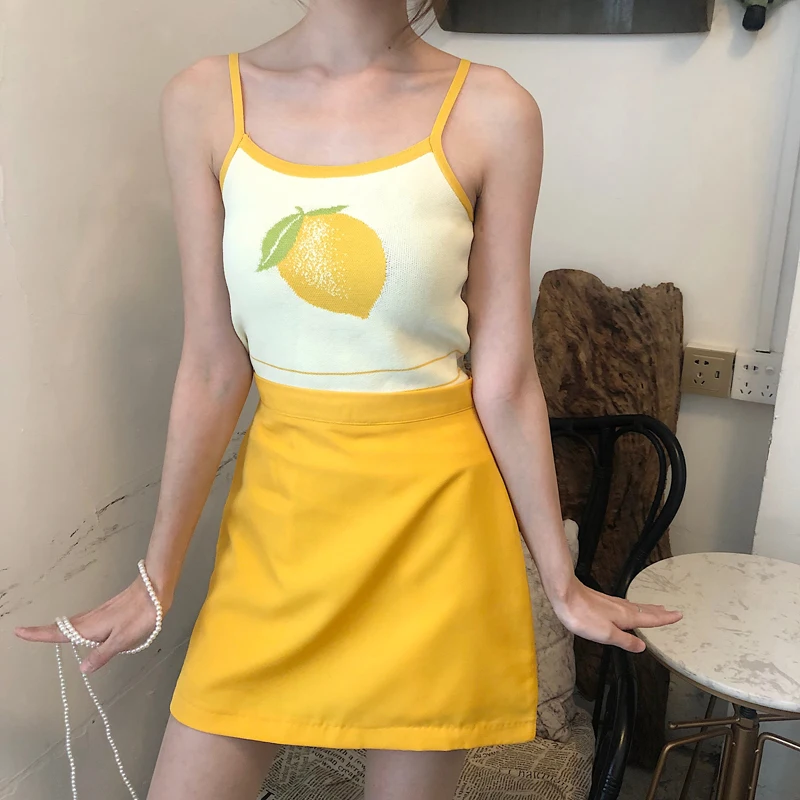 Kawaii Клубника Лимон вышивка школьницы трикотажные топы летние корейские негабаритные женская одежда Harajuku с открытыми плечами сексуальные топы - Цвет: Цвет: желтый