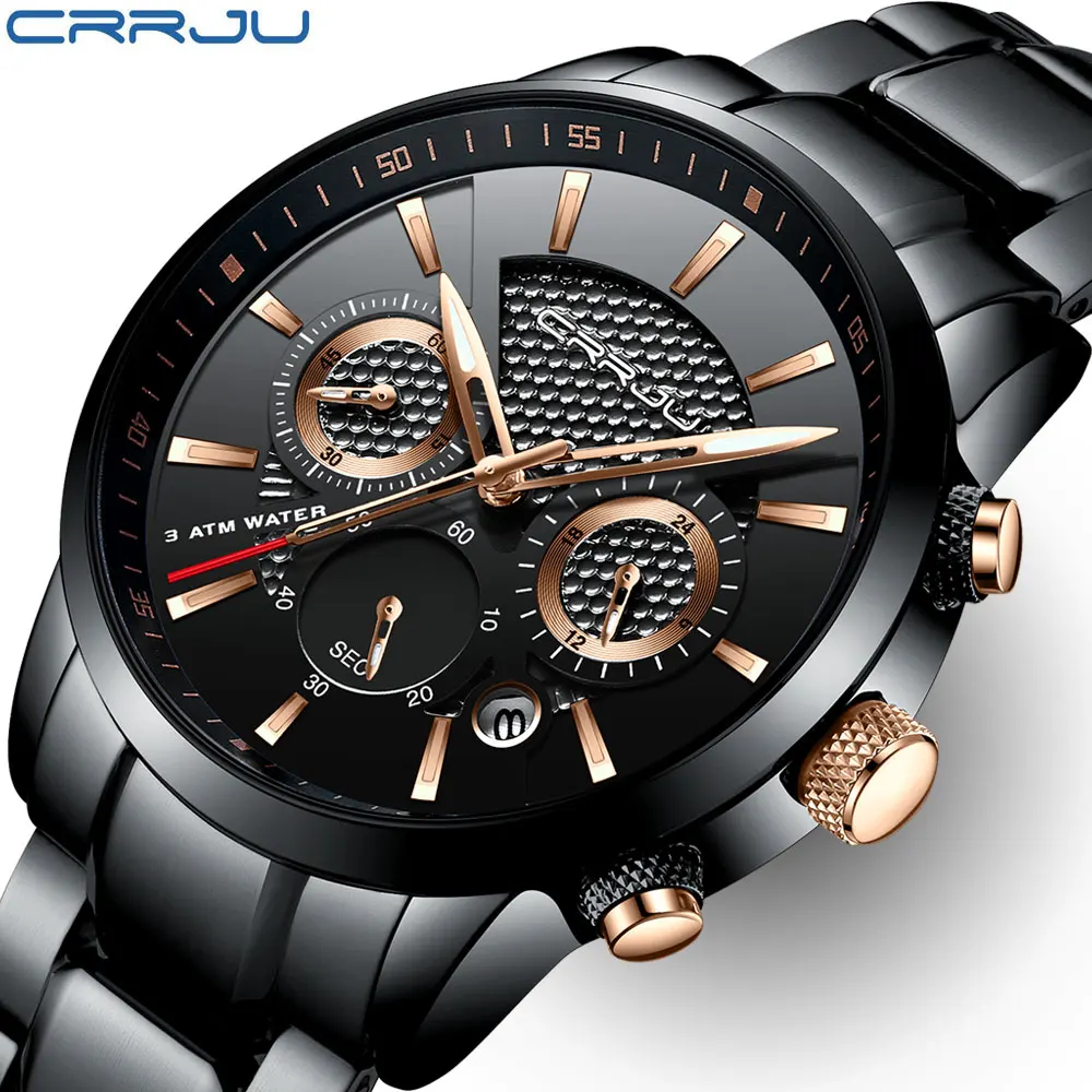 Мода 2017 г. Элитный бренд CRRJU хронограф для мужчин спортивные часы водостойкие полный сталь повседневное кварцевые