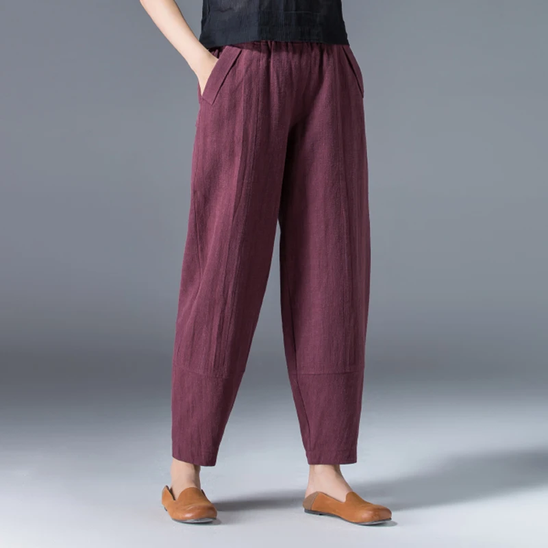

#0606 Spring Summer Cotton Linen Harem Pants Women Plus Size Elastic Waist Ankle-length Trousers Female Loose Vintage Wide Leg
