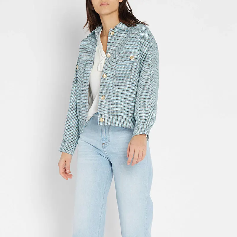 

2019 New Women Loose Short Jacket Blue Plaid Retro Casual JCoat