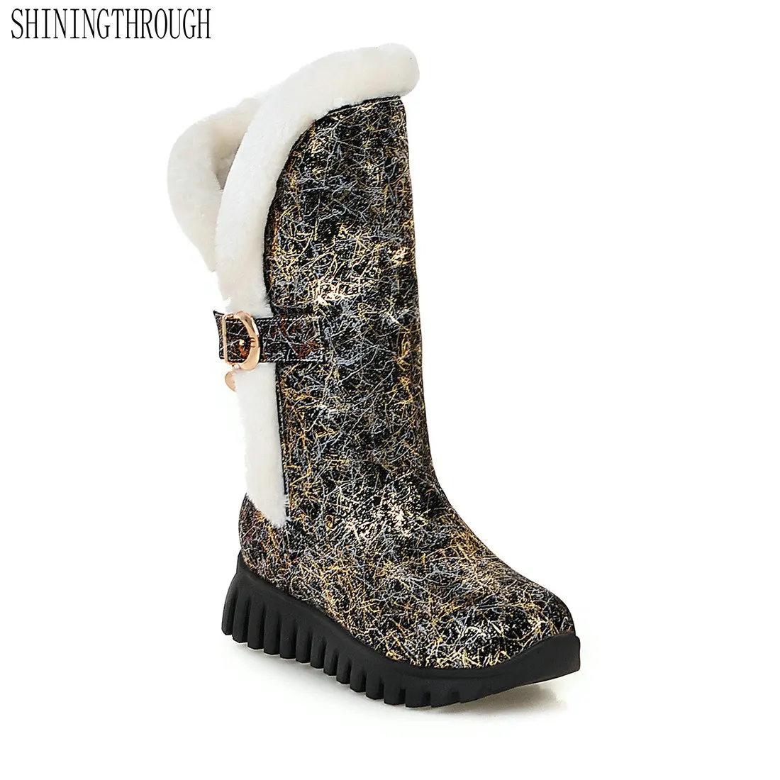 

SHININGTHROUGH 2018 Western PU leather+Down Mid-Calf Round Toe Boots Women Snow Boots black blue Snow Boots Size 34-39