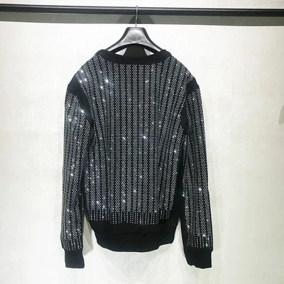 Mens Black Rhinestone Beading Bling Party/Event Long Sleeve Tee/T Shirt