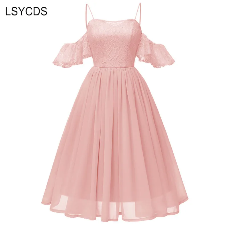 

2018 Big Swing Lace Dress Women Sexy Ruffle Sleeve Off Shoulder Chiffon Dress Spaghetti Strap Party Dress Vintage Chiffon Dress