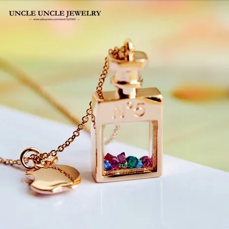 

Lovely Brand Design Rose Gold Color Multicolour Austrian Crystals Inside Perfume Bottle Style Square Pendant Necklace