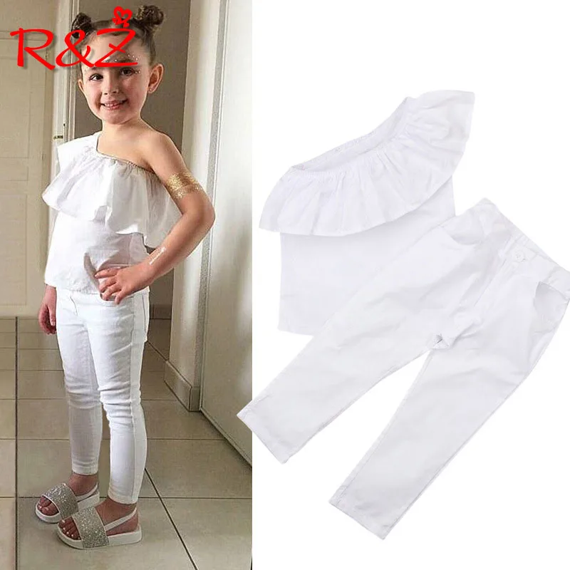 

R&Z Children's Set 2019 European and American Summer Girls Set White Off Shoulder Ruffled Top Pants Two Piece Set