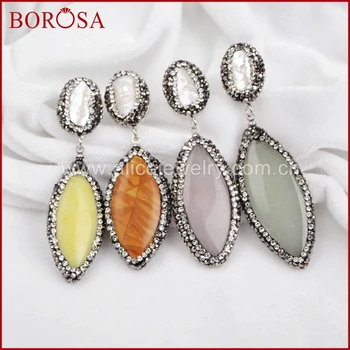 

BOROSA Elegant Natural Pearl & Multi-Kind Stone Paved Black Zircons Silver Earrings Fashion Druzy Dangle Earrings JAB003