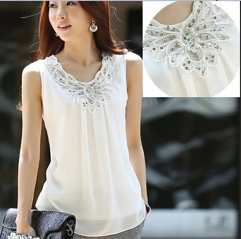 Del Verano camisas Blusa Casual de Las Señoras Sin Mangas de diamantes Brillantes camisa de gasa blusas de encaje mujeres de Talla grande Tops|chiffon lace blouse|lace blousewomen blouses - AliExpress