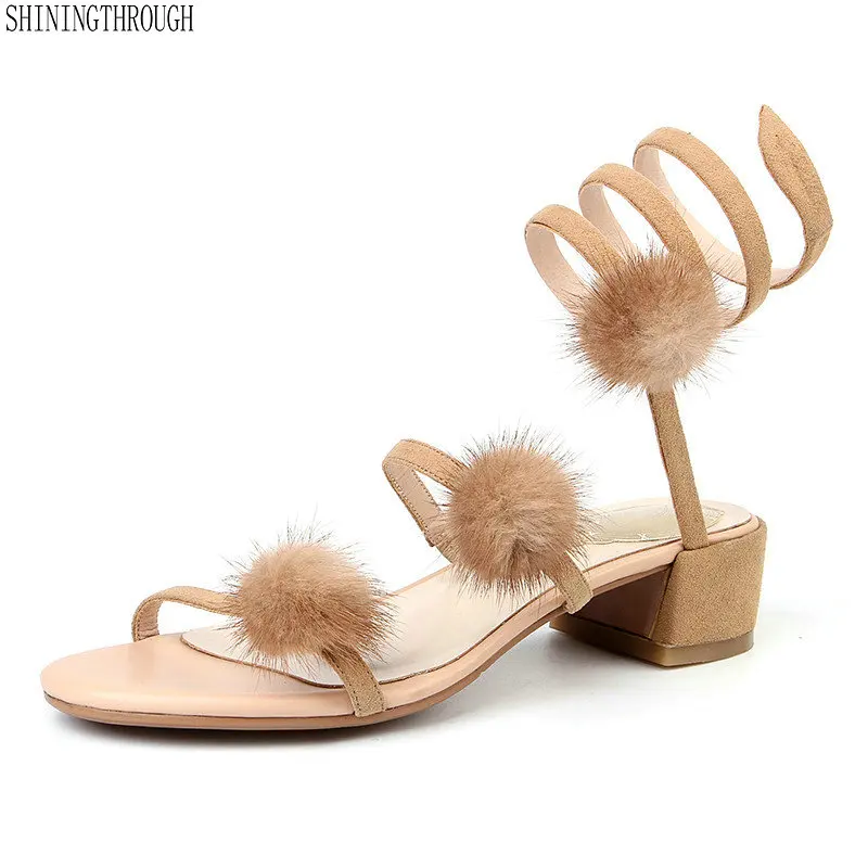 

New women sandals genuine leather square med heels sandals woman cross strap fur ladies dress party wedding shoes