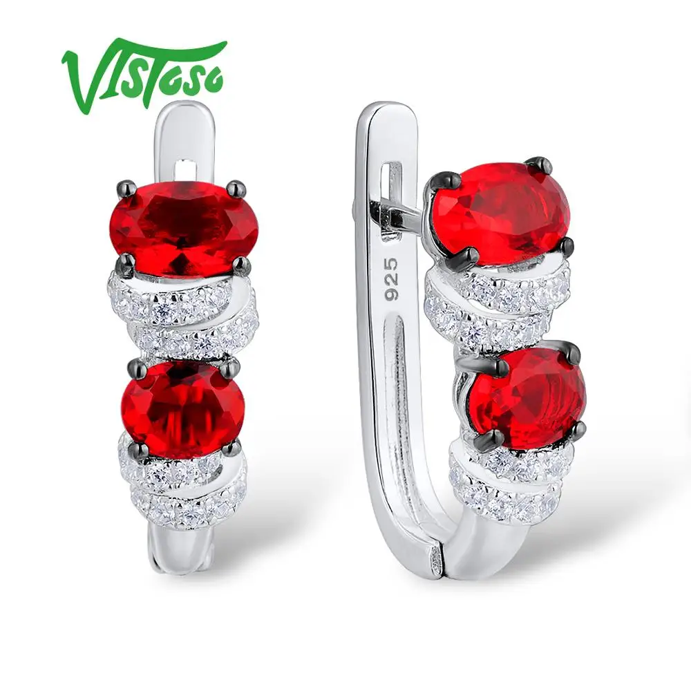 

VISTOSO Stud Earrings Fine Jewelry Round Red Crystal Round White Cubic Zircon High Quality Fine Stud Earrings 2018 For Women