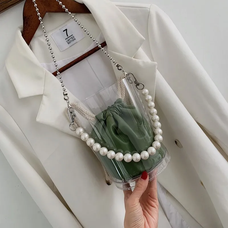 

PVC Transparent Composite Bags For Girls 2019 Clear Jelly Pearl Handle Bucket Bags Fashion Shoulder Crossbody Bags For Women