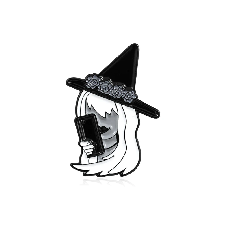 

Beautiful Witch Wearing Black Top Hat Metallic Enamel Brooch Holding Mobile Phone Woman Badge Pin Unique Trendy Costume Jewelry