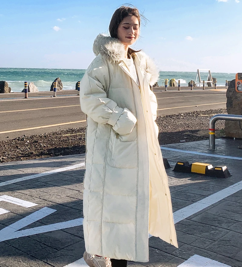 Корейский стиль, Зимняя женская куртка с капюшоном и меховым воротником, теплая плотная женская пуховая парка, длинное женское пальто