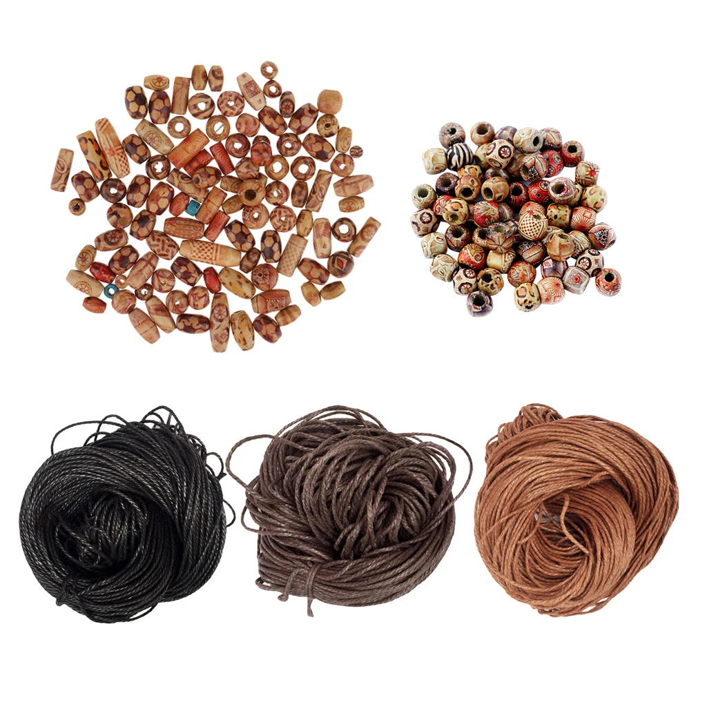 200 Pieces Mixed Shaped Wooden Large Hole Beads and Waxed Cotton Cords