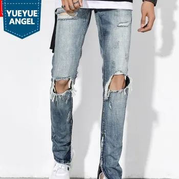 

High Street Hole Ripped Jeans for Men Classic Washed Slim Fit Side Zipper Trousers Autumn Retro Beggar Pants Men Streetwear