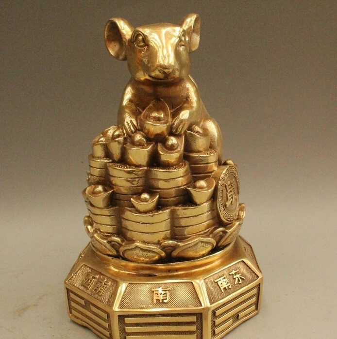 

8" Chinese Fengshui Brass Zodiac Year Mouse Coin Yuanbao Money Wealth Statue