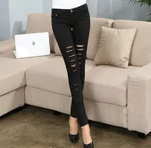 2017 Spring Autumn Black White Ripped Leggings Push Up Denim Jeans Skinny Leggings Women Slim Fit Pencil Pants
