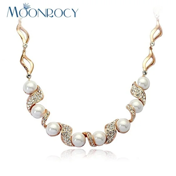 MOONROCY Zirconia Free Shipping Jewelry wholesale Rose gold Color Imitation Pearl Crystal Necklace For women Gift | Украшения и