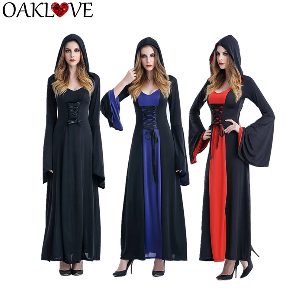 

Halloween Hooded Capes for Women Black&Blue&Red Long Cloaks Cosplay Costumes Witch Cape Long Skirt Role Playing Suit Costume