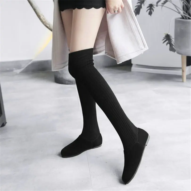 

NAYIDUYUN Women Black Faux Suede Flats Over The Knee Boots Winter Warm Oxfords Shoes Knitting Elastic Stretch Riding Boots
