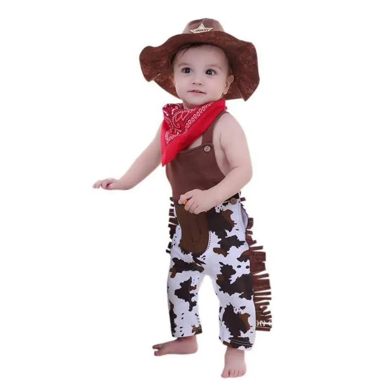 

3pcs=1Set Cowboy Romper Costume Infant Toddler Boy Girl Clothing Set Hat +Scarf +Romper Birthday Outfits
