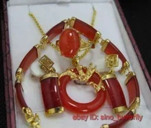 Красный камень ожерелье кулон браслет серьги кольцо 8# Set fine КВАРЦ покрытием Свадебные широкий часы крылья королева