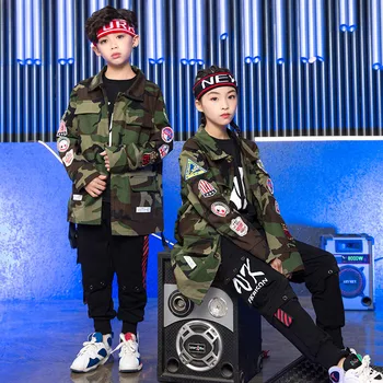

Kids Jazz Costume Hip Hop Jacket In Camouflage Black Pants Boy Girls Street Dance Stage Rave Clothes Modern Dancing Wear DC1087