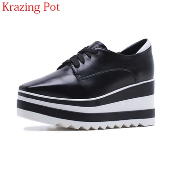 

2019 New Arrival Genuine Leather Thick Bottom Casual Shoes Square Toe Women Pumps Wedge High Heels Lace Up Oxford Shoes L6f1
