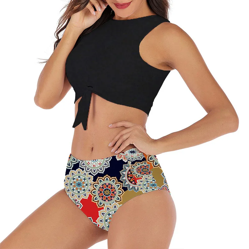 Z-LAI Women Print Sport Two Piece Suits Knot Hem Top With Ruched Panty Bikini Set High Neck Swimsuit Summer Beach Bathing Suit