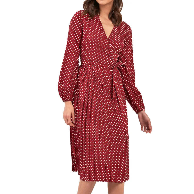 

Summer dress 2019 new casual red dress long sleeve dress dot womens clothing lace-up long dress women