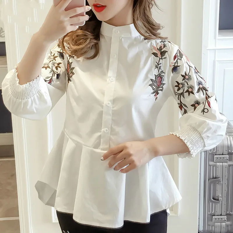 

2018 autumn women fashion Sweet women blouse Full Embroidery Floral Mandarin Collar Casual Preppy Style harajuku 1377 45
