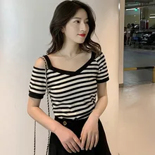 New t shirt femme Women's Korean tshirt Casual Short Sleeve Cold Shoulder tshirt women V Neck Striped Slim Knitted T-Shirt plum crossed front design v neck cold shoulder half sleeves t shirt