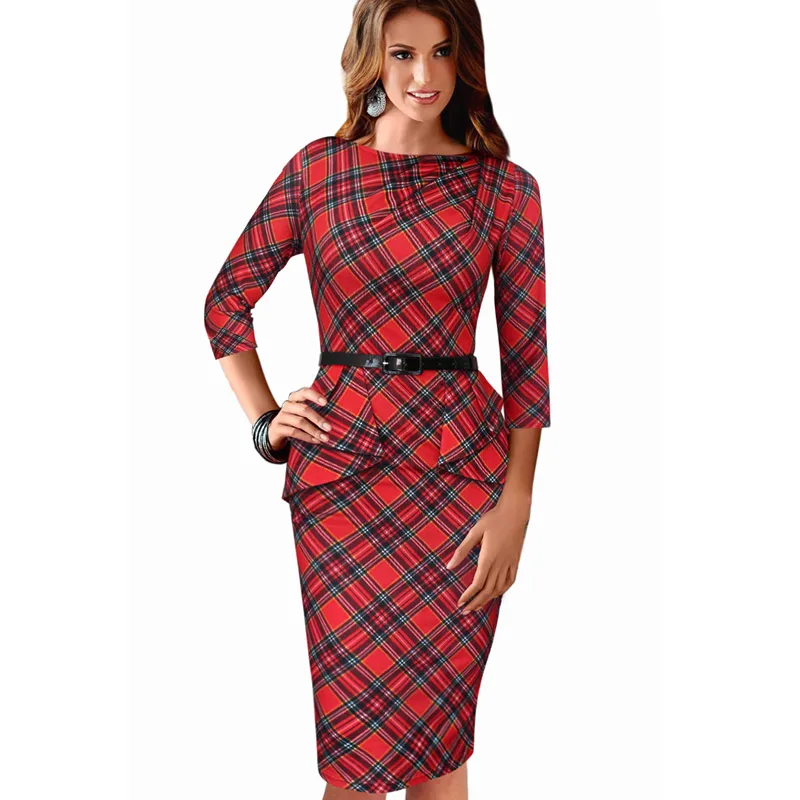 2016 New Women Vintage Elegant Belted font b Tartan b font Peplum Ruched Tunic Work Party
