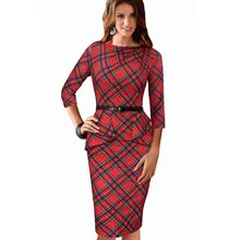 2016 New Women Vintage Elegant Belted Tartan Peplum Ruched Tunic Work Party Cap Sleeve Bodycon Sheath Dress