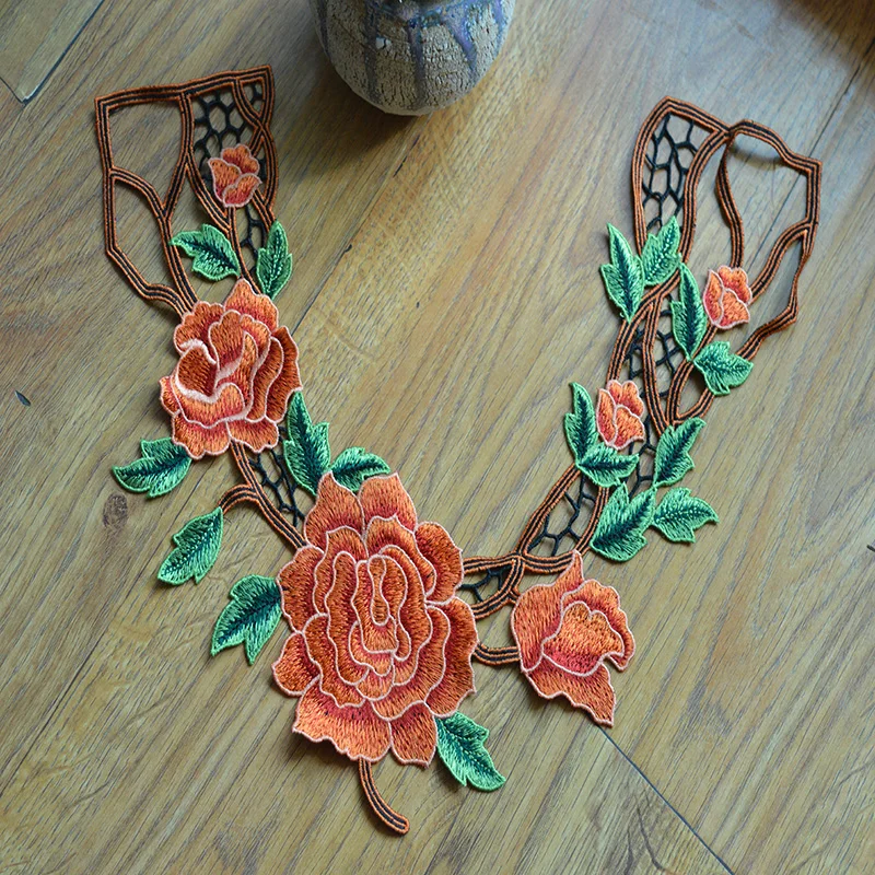 

(1ps/lot)orange big flower Embroidered Polyester Lace Applique Sewing Patch for Collar Bridal Dress
