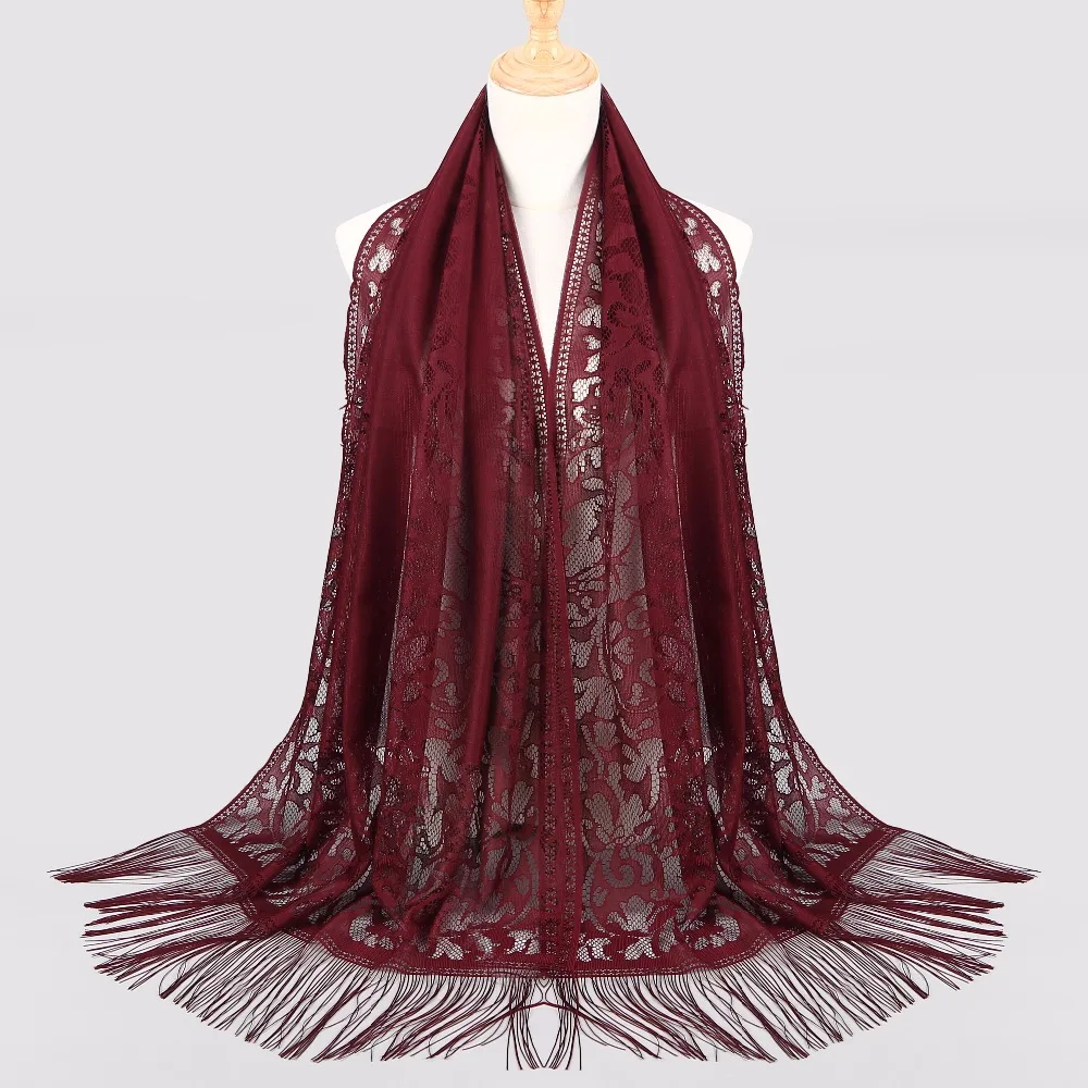 

Women's Wrap plain color Fashion hollow out tassels scarf Ivory veil lace scarf shawl women Muslim hijab bandana pashmina