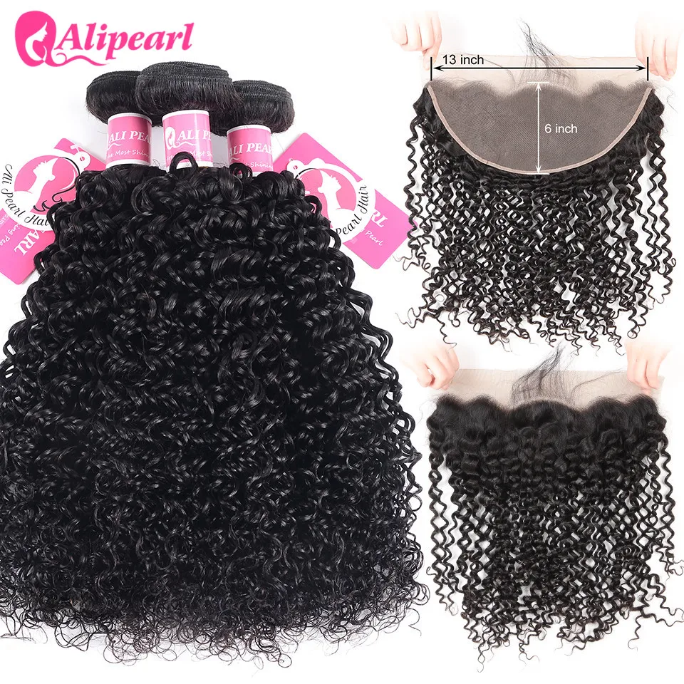 

AliPearl Hair Brazilian Kinky Curly 13x6 Lace Frontal Closure With Bundles 3 Bundles With Frontal Closure Free/Middle/Three Remy