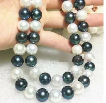 

surprising 35" 10-11 mm white+black pearl necklace Yellow Clasp