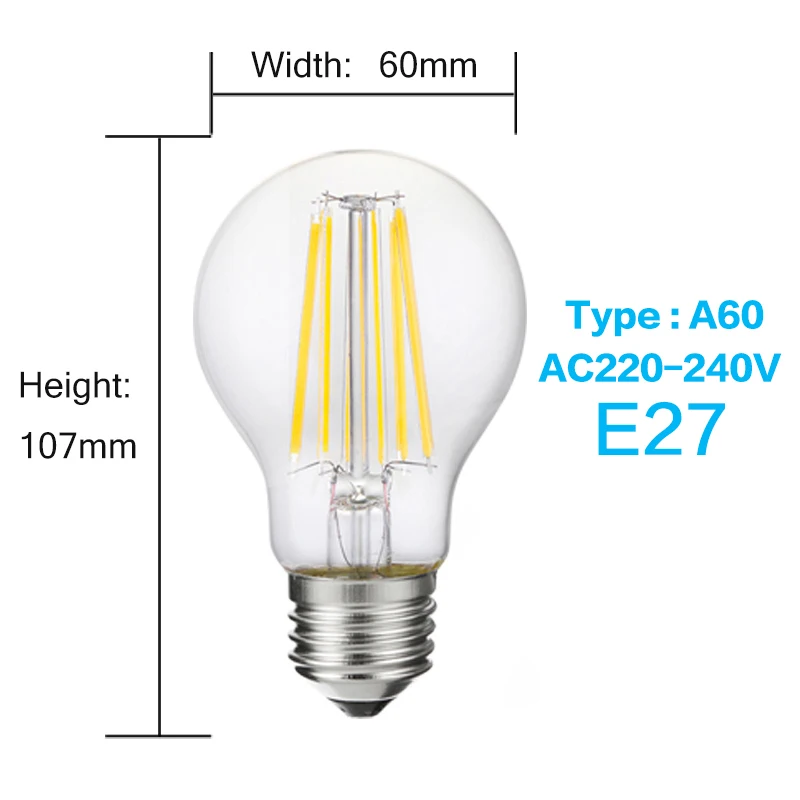 LUCKY светодиодный Светодиодный светильник E27 E14 2 Вт 4 Вт 6 Вт 8 Вт лампа накаливания Эдисона с регулируемой яркостью 110 В 220 В винтажные лампы в форме свечи для внутреннего освещения - Испускаемый цвет: A60 E27 220V