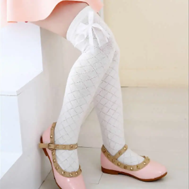 Детские осенние носки без пятки носки принцессы с ромбовидной сеткой для девочек хлопковые тонкие Гольфы выше колена с кружевным бантом - Цвет: White bow side