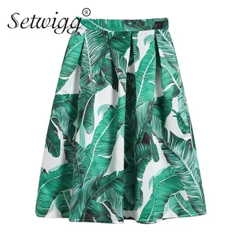 

SETWIGG Spring Summer Print Midi Skirts Elastic Waisted High Zipper Pleated Bananas Leaves Printed A-line Knee Length Skirts