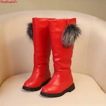 

New Winter Rubber Boots For Girls Medium Big Kids Warm Cotton Boots With Fur Hair Ball Knee-high Fashion Boots Cute